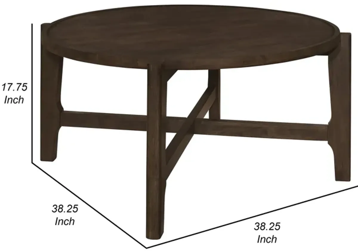 Katie Coffee Table, Round 38 Inch Top, Dark Brown Wood, Cross Beam Legs - Benzara