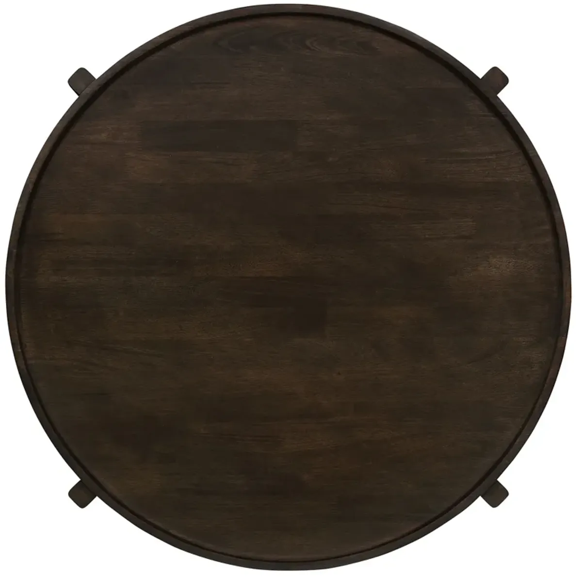 Katie Coffee Table, Round 38 Inch Top, Dark Brown Wood, Cross Beam Legs - Benzara