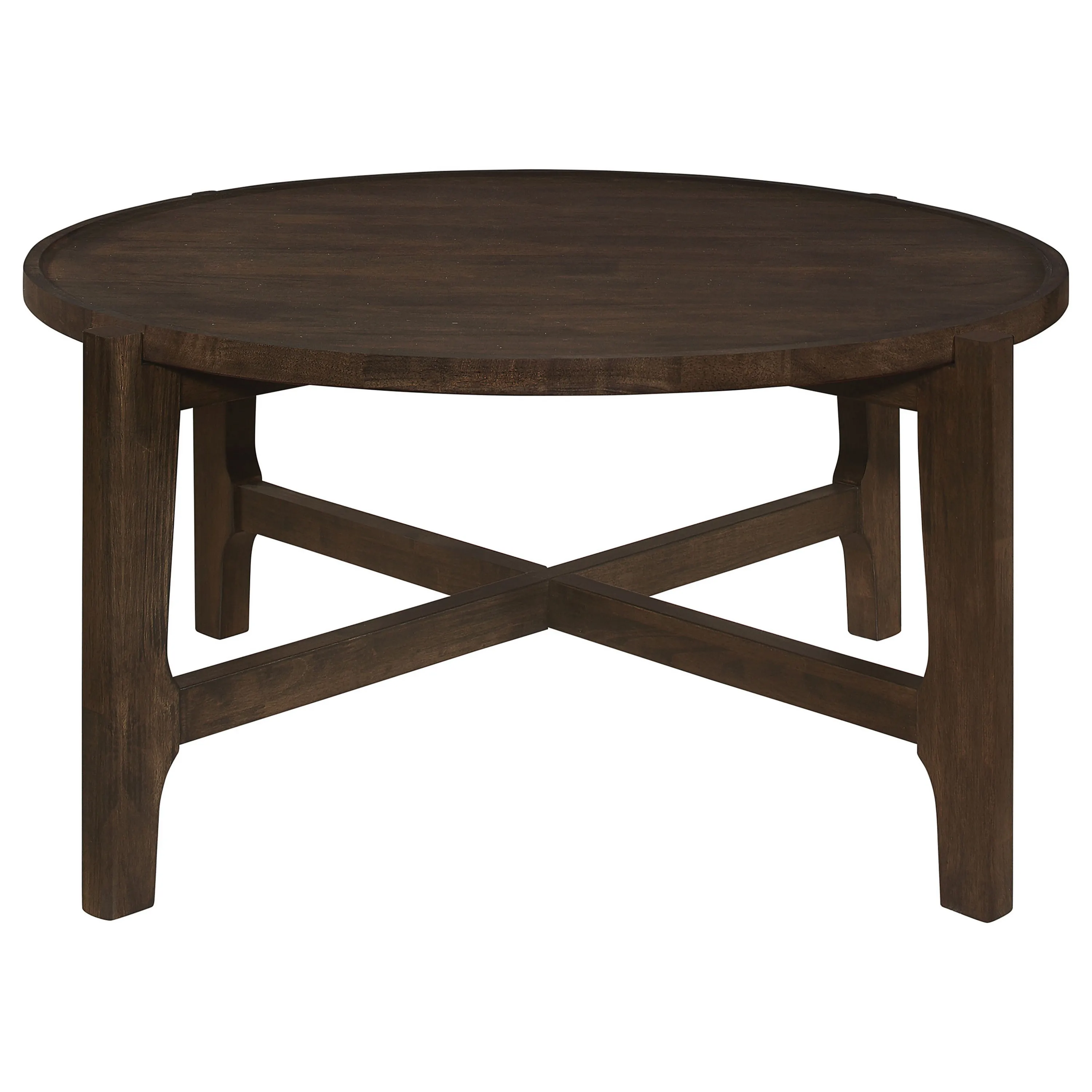 Katie Coffee Table, Round 38 Inch Top, Dark Brown Wood, Cross Beam Legs - Benzara