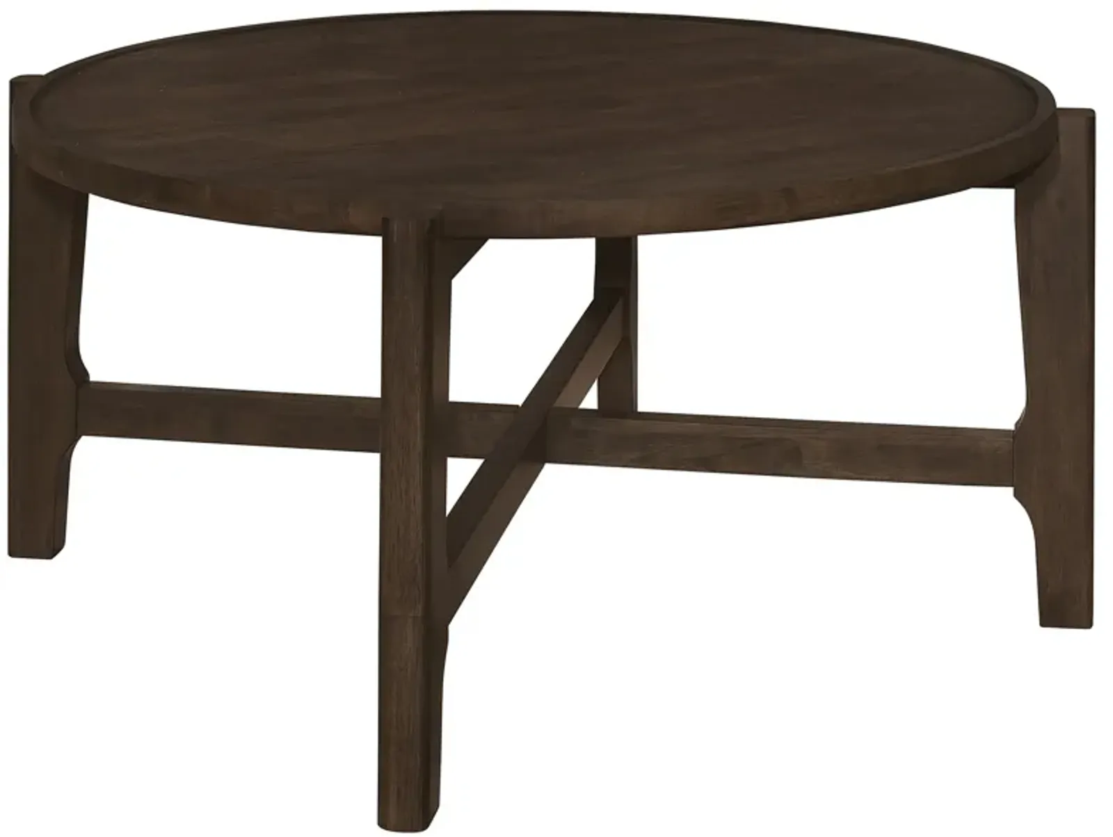 Katie Coffee Table, Round 38 Inch Top, Dark Brown Wood, Cross Beam Legs - Benzara