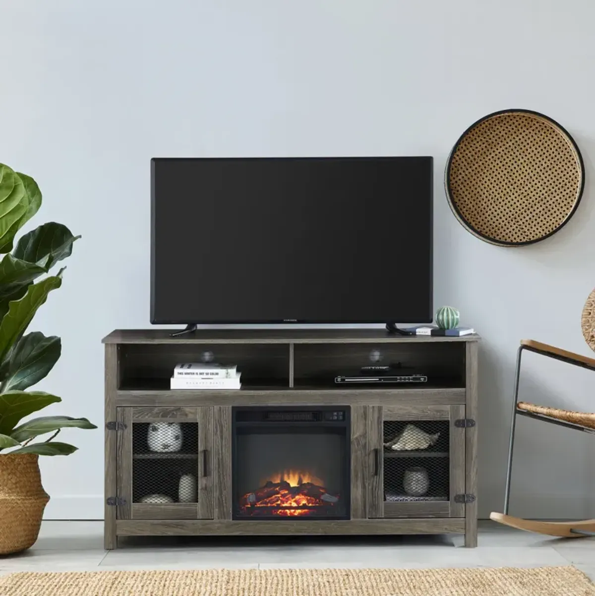 Grey TV Stand with Electric Fireplace, Fits 65" TV