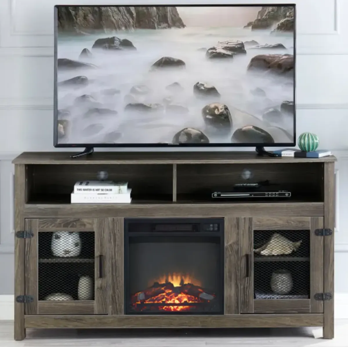 Grey TV Stand with Electric Fireplace, Fits 65" TV