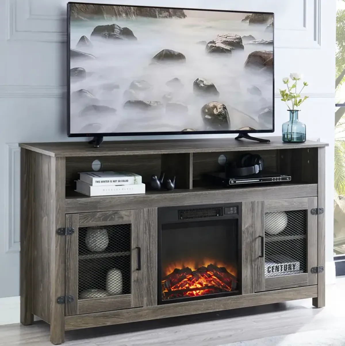 Grey TV Stand with Electric Fireplace, Fits 65" TV