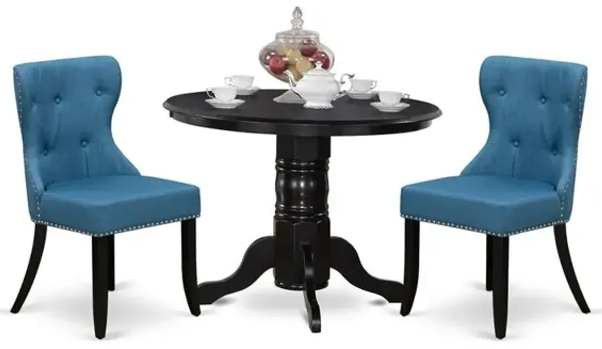 East-West Furniture SHSI3-BLK-21 - A dining room table set of 2 amazing parson dining chairs with Linen Fabric Mineral Blue color and a lovely 42-Inch Antique pedestal kitchen table using Black color