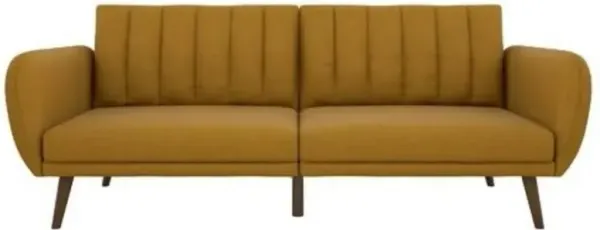 Linen Upholstered Futon Sofa Bed with Mid-Century Style Wooden Legs