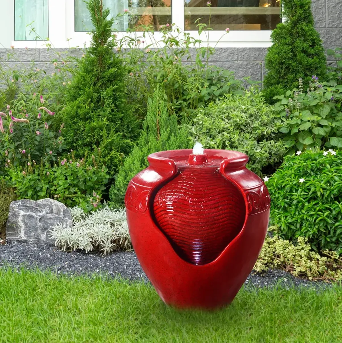 Teamson Home Outdoor Glazed Pot Floor Fountain with LED Lights, Red