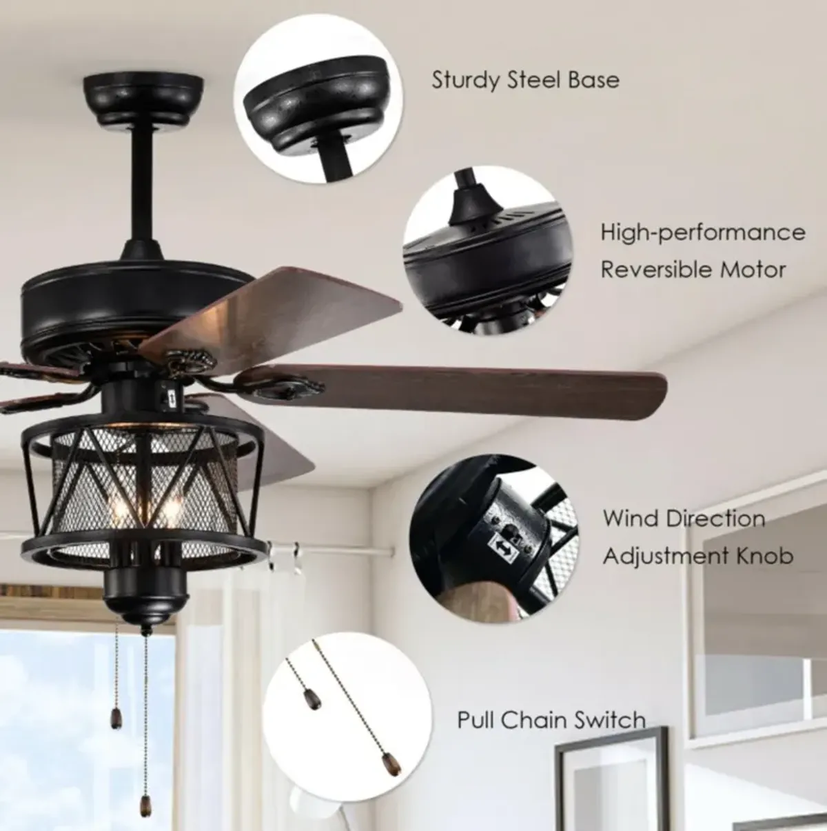 Hivvago 50 Inches Ceiling Fan with Lights Reversible Blades and Pull Chain Control-Black