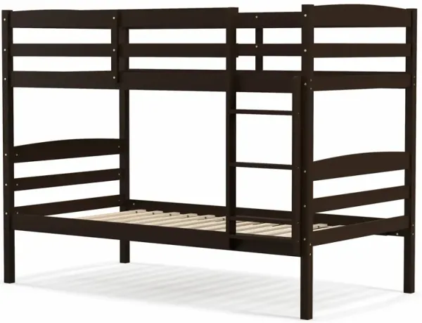 Solid Wood Twin Over Twin Bunk Bed Frame with High Guardrails and Integrated Ladder-Espresso