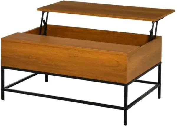 Traditional Farmhouse Brown Lift Top Coffee Table w/ Hidden Storage Black Metal Legs
