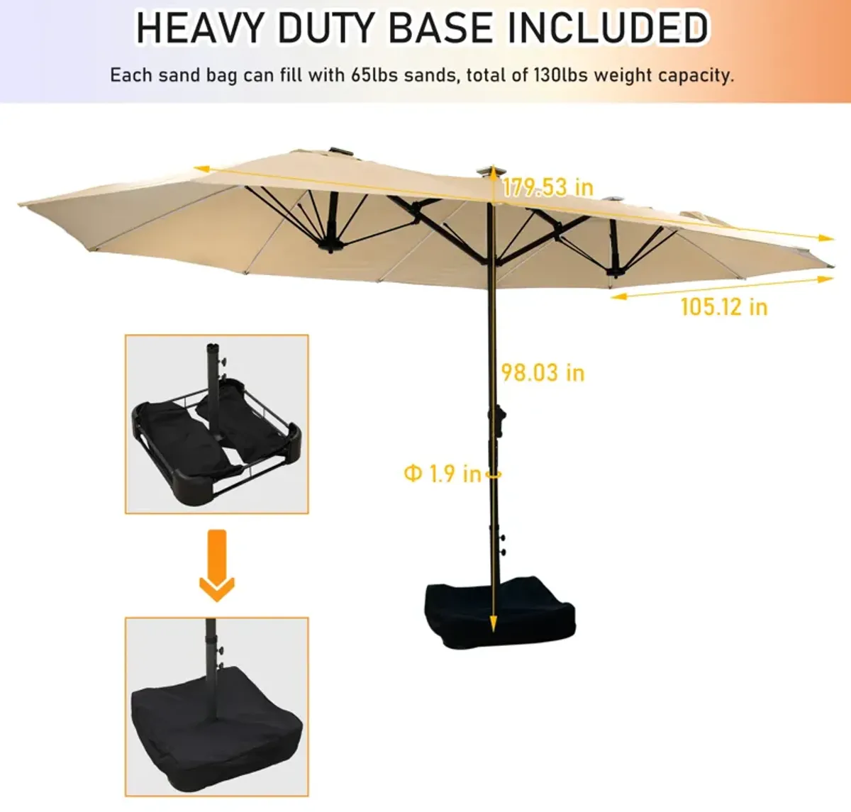 MONDAWE 15ft Twin Double-Sided Solar LED Patio Market Umbrella with Included Base Stand