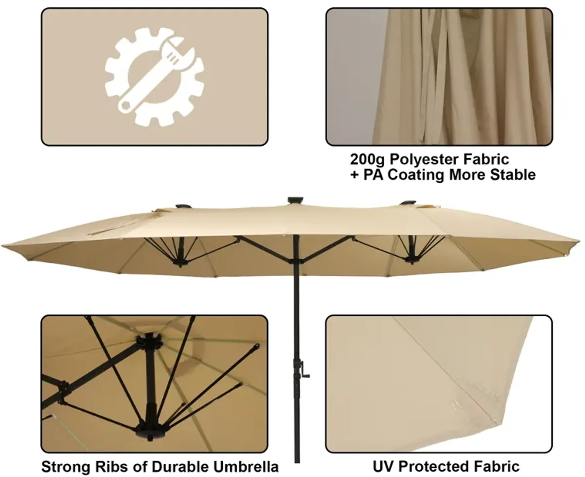 MONDAWE 15ft Twin Double-Sided Solar LED Patio Market Umbrella with Included Base Stand