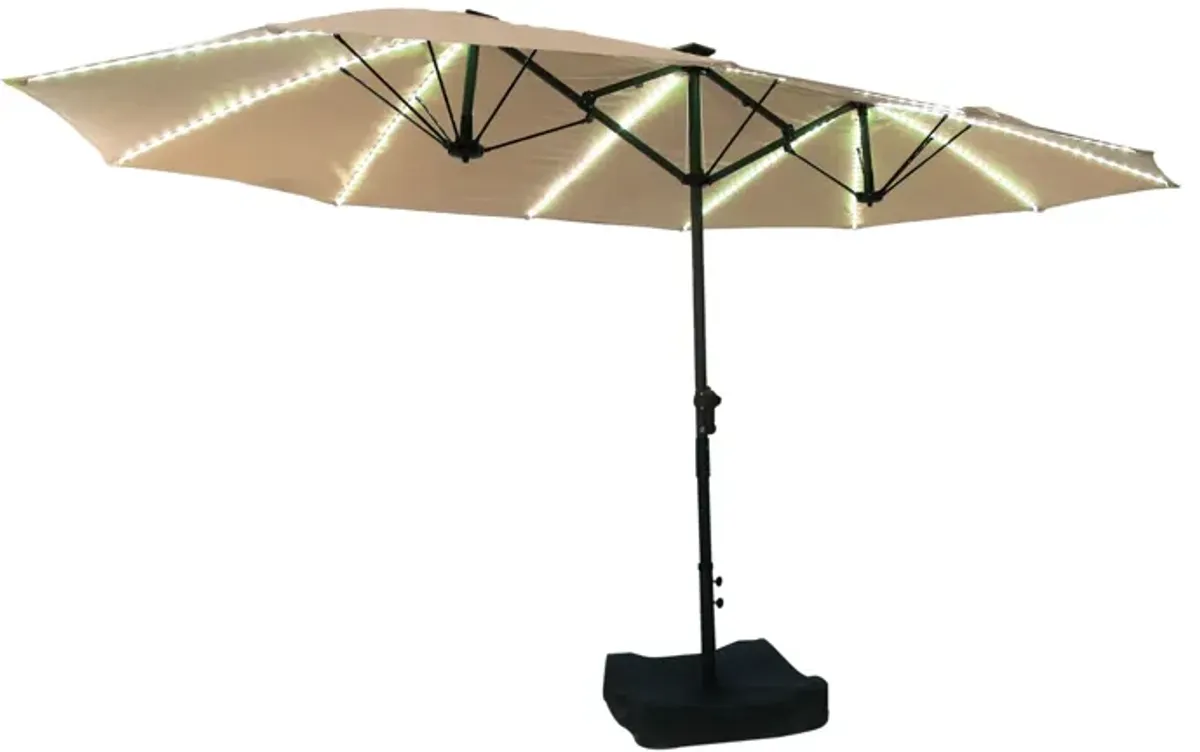 MONDAWE 15ft Twin Double-Sided Solar LED Patio Market Umbrella with Included Base Stand