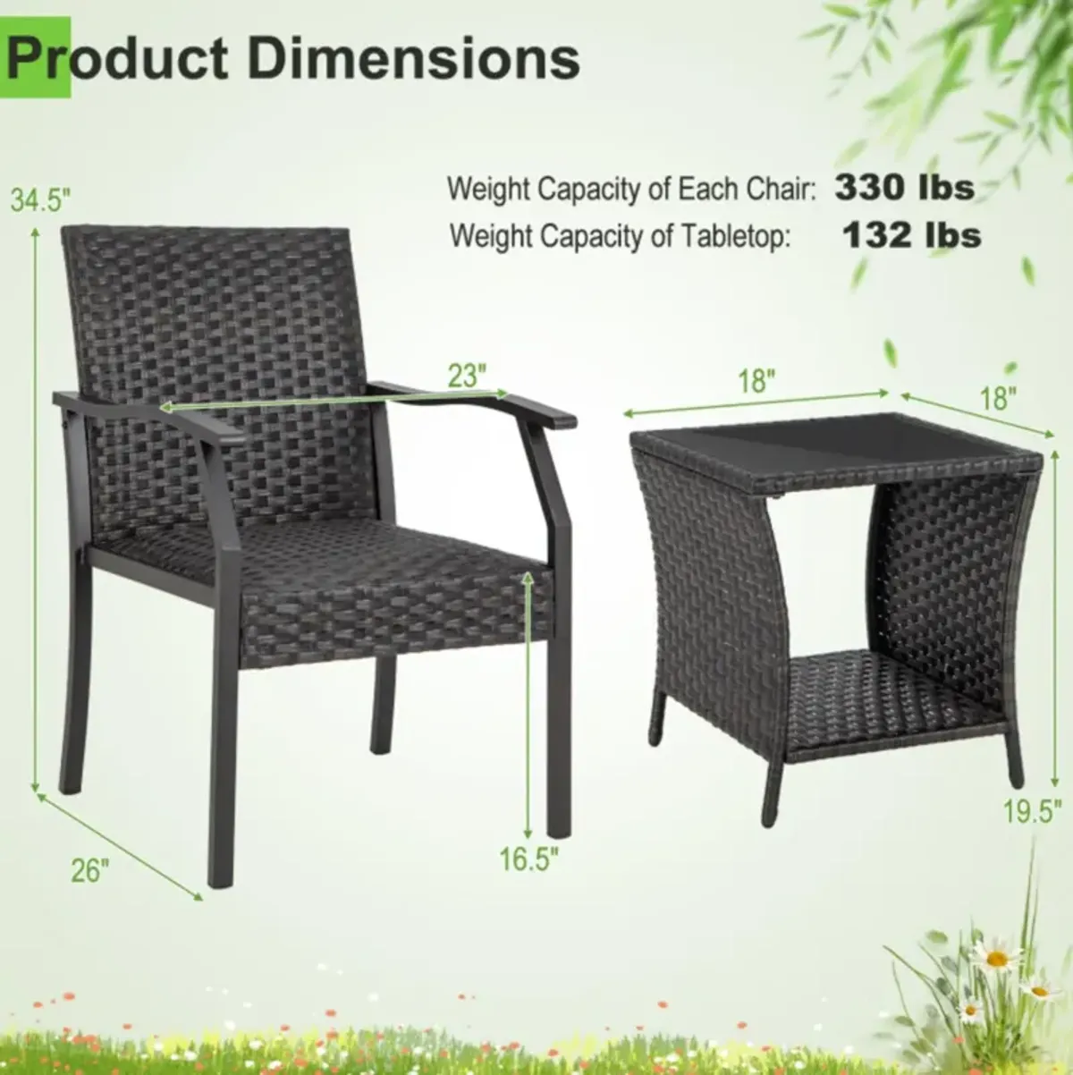 Hivvago 3 Piece Patio Wicker Chair Set with Quick Dry Foam Cushions