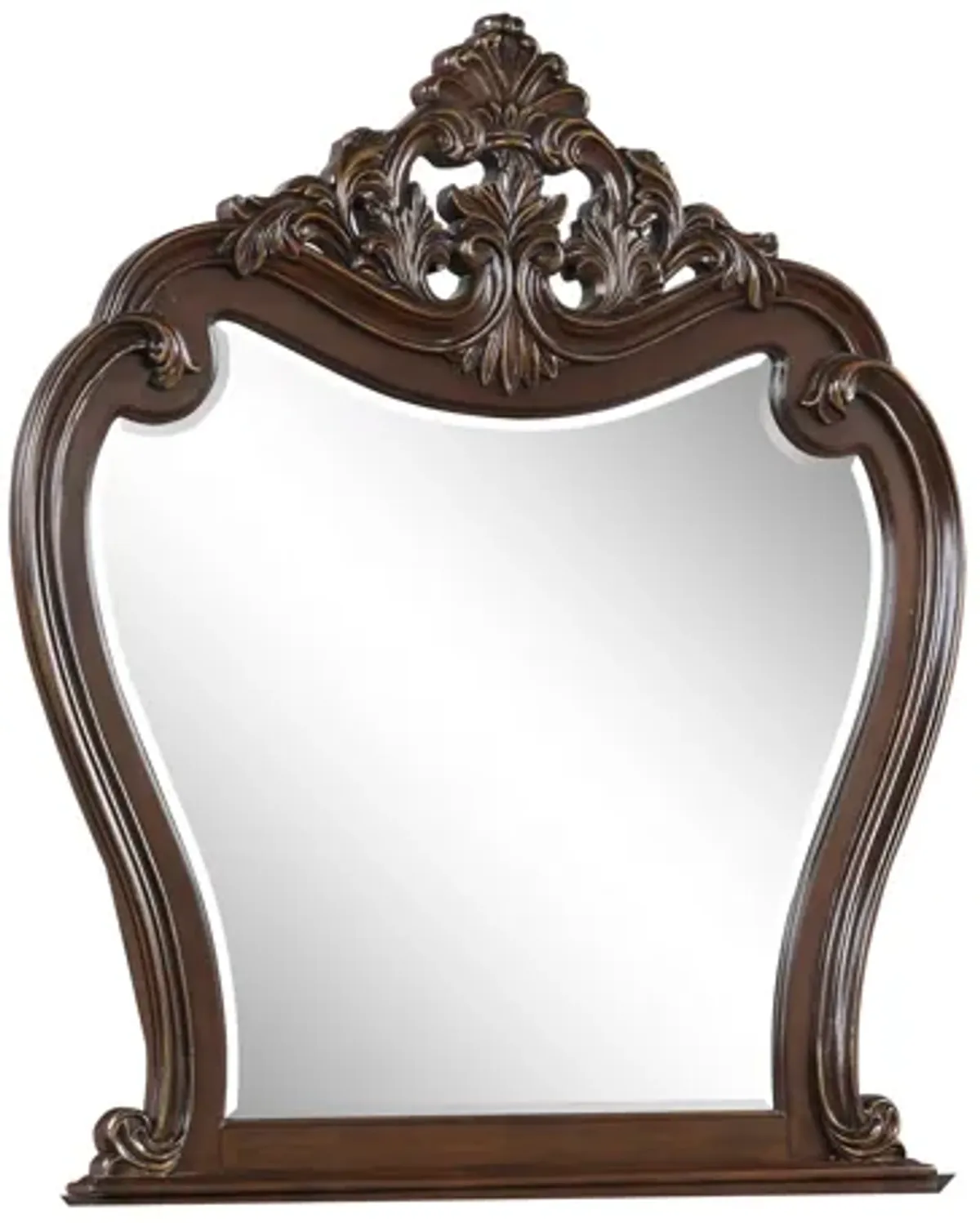 Cali 50 x 50 Dresser Mirror, Curved Body, Carved Crown Top, Cherry Brown - Benzara