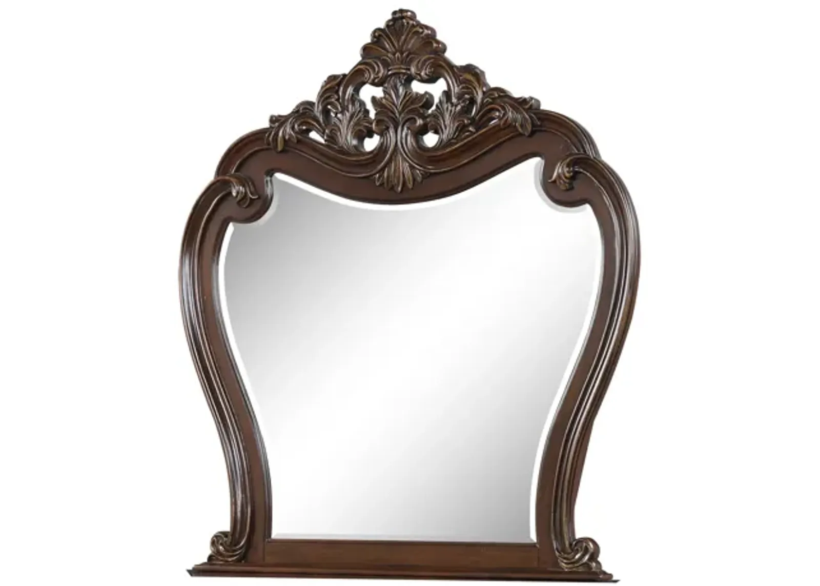 Cali 50 x 50 Dresser Mirror, Curved Body, Carved Crown Top, Cherry Brown - Benzara