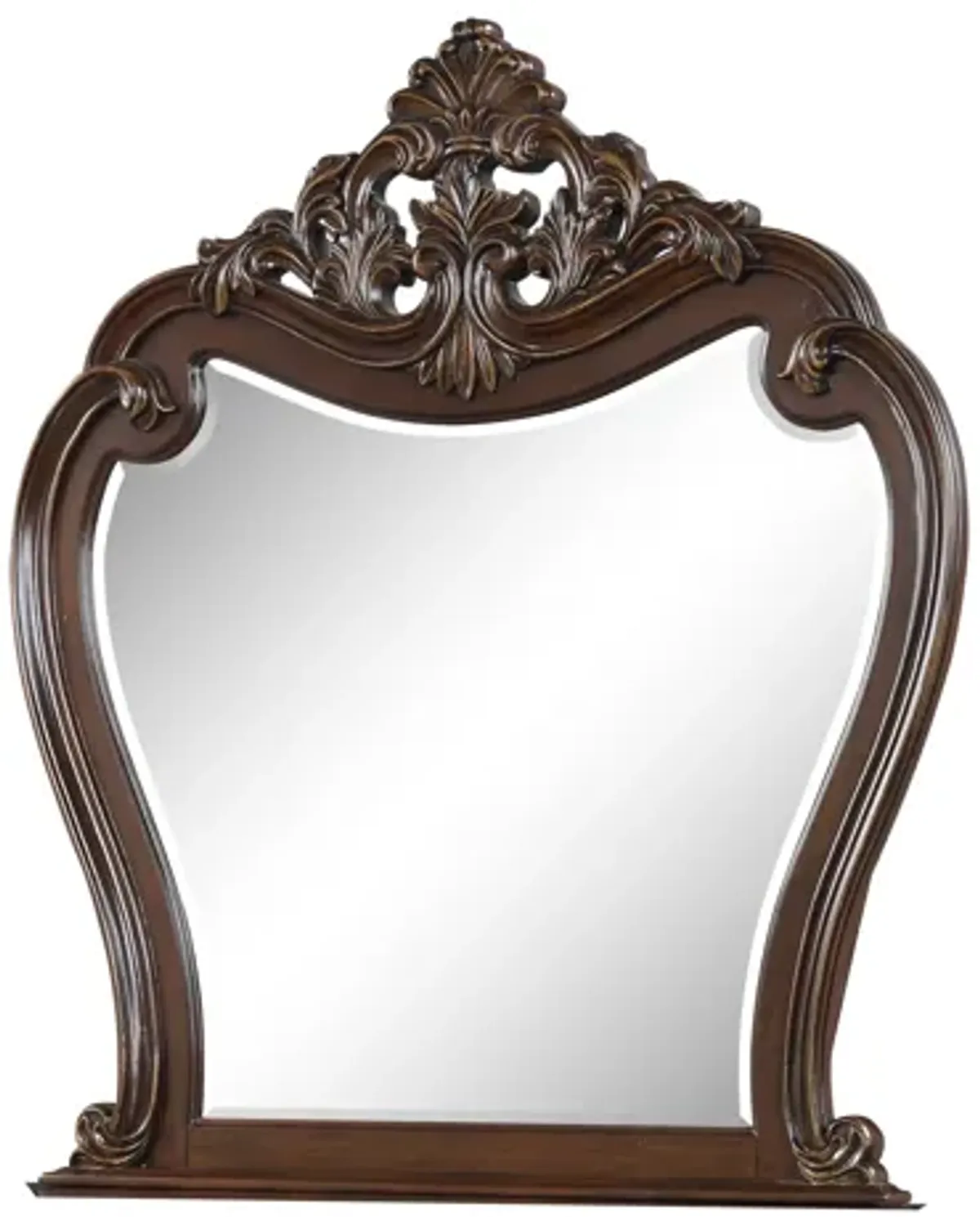 Cali 50 x 50 Dresser Mirror, Curved Body, Carved Crown Top, Cherry Brown - Benzara