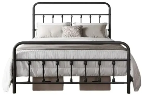 Classic Metal Platform Bed Frame Mattress Foundation With Victorian Style Iron-Art Headboard/Footboard/Under Bed Storage/No Box Spring Needed/Queen Size Black