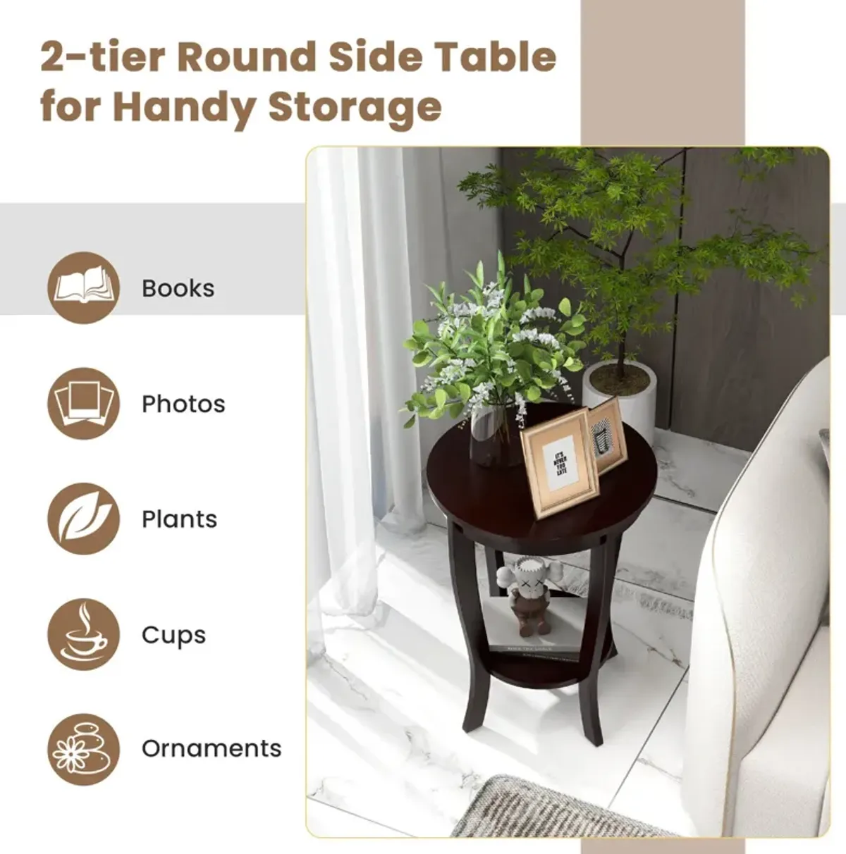 2-tier Round End Table with Solid Wood Legs