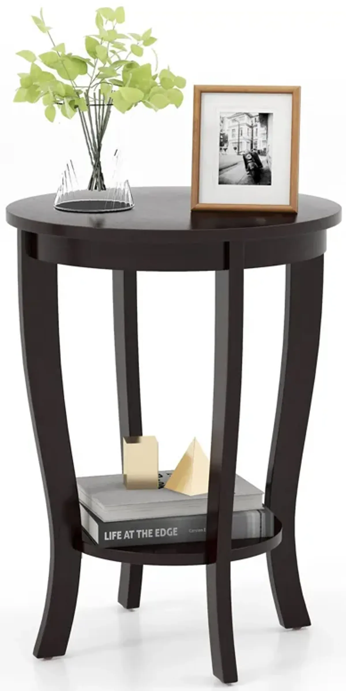 2-tier Round End Table with Solid Wood Legs