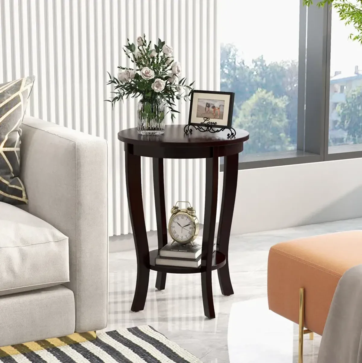 2-tier Round End Table with Solid Wood Legs