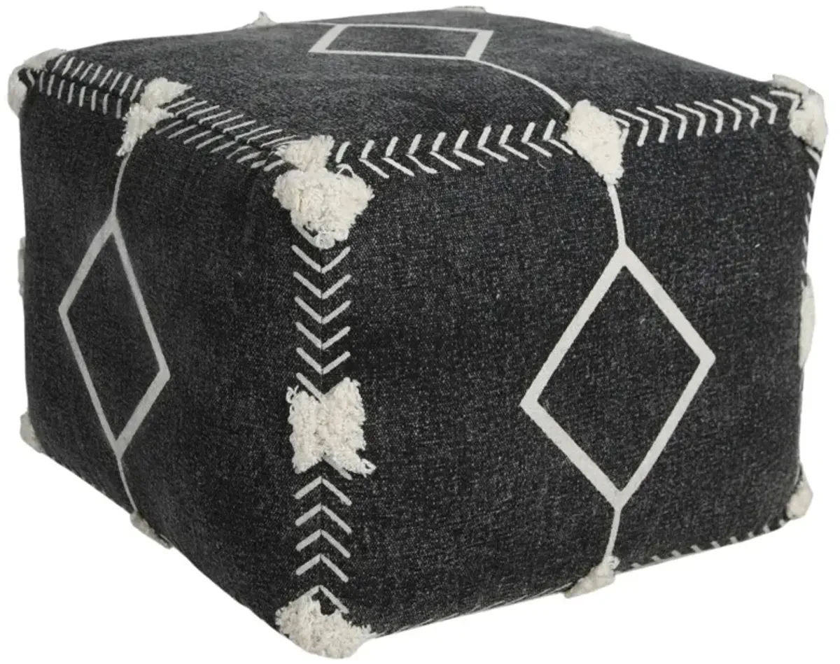Hivvago 18 Inch Black Cotton Geometric Pouf Ottoman