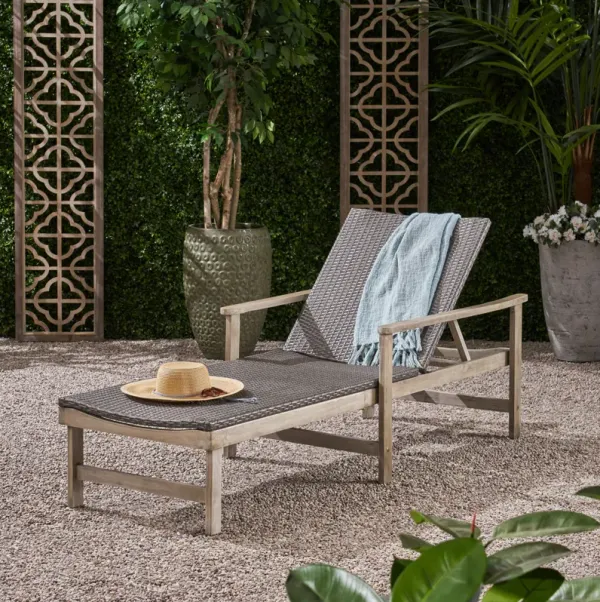 Merax Acacia Wood Adjustable Chaise Lounge Outdoor Patio Chair with Armrests Resistant Sun Lounger