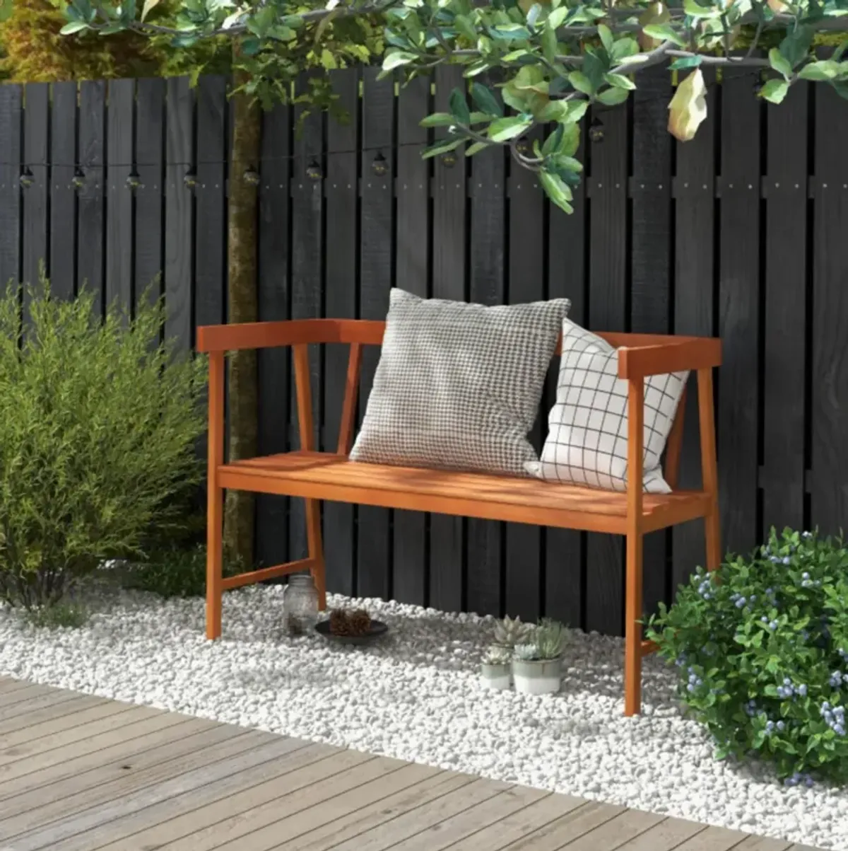 Hivvago Outdoor Acacia Wood Bench with Backrest and Armrests