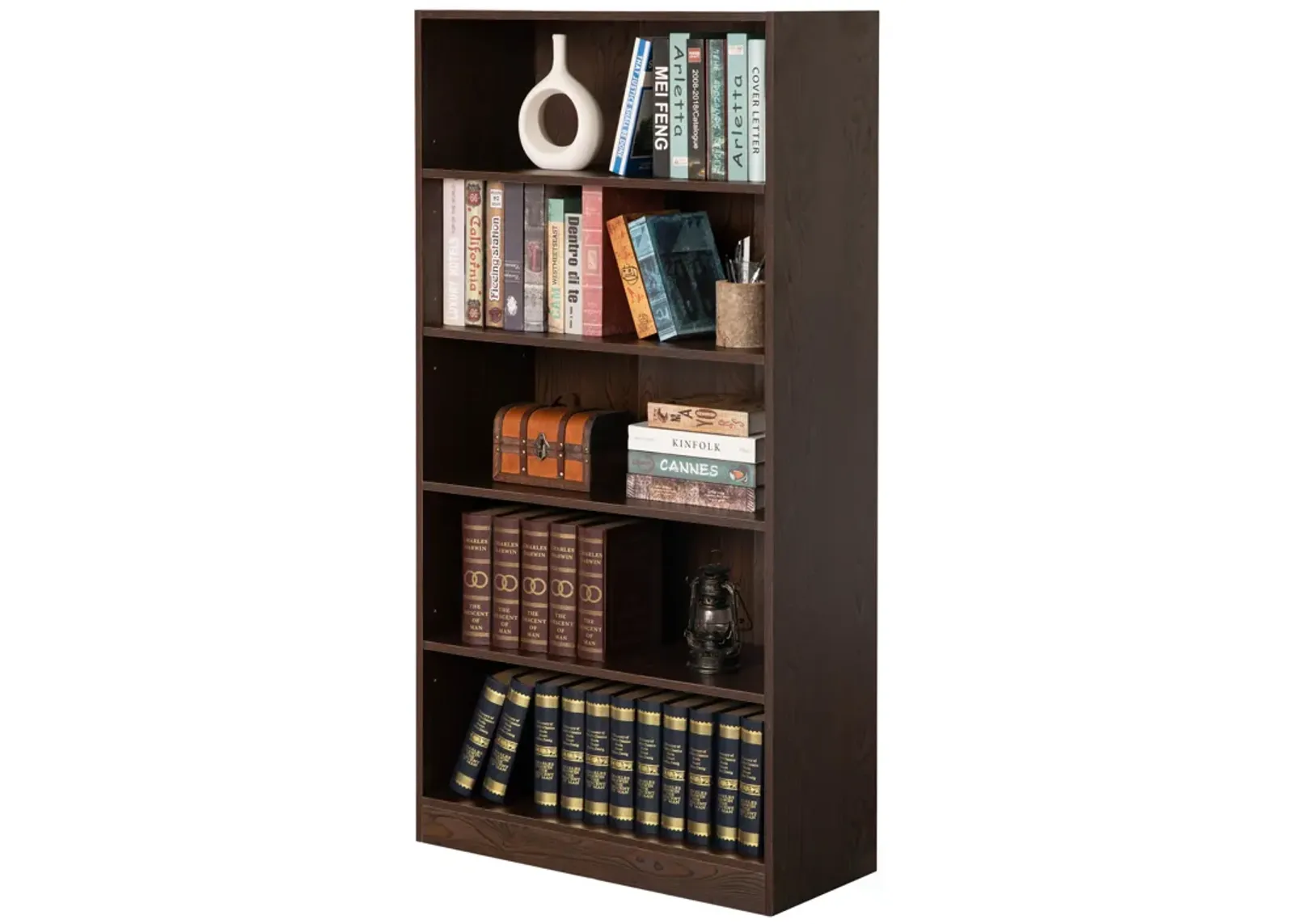 Freestanding Classic Wooden Display Bookshelf, Floor Standing Bookcase, with 5 Open Display Shelves, White