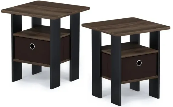 Furinno Andrey Set of 2 End Table / Side Table / Night Stand / Bedside Table with Bin Drawer, Columbia Walnut/Dark Brown