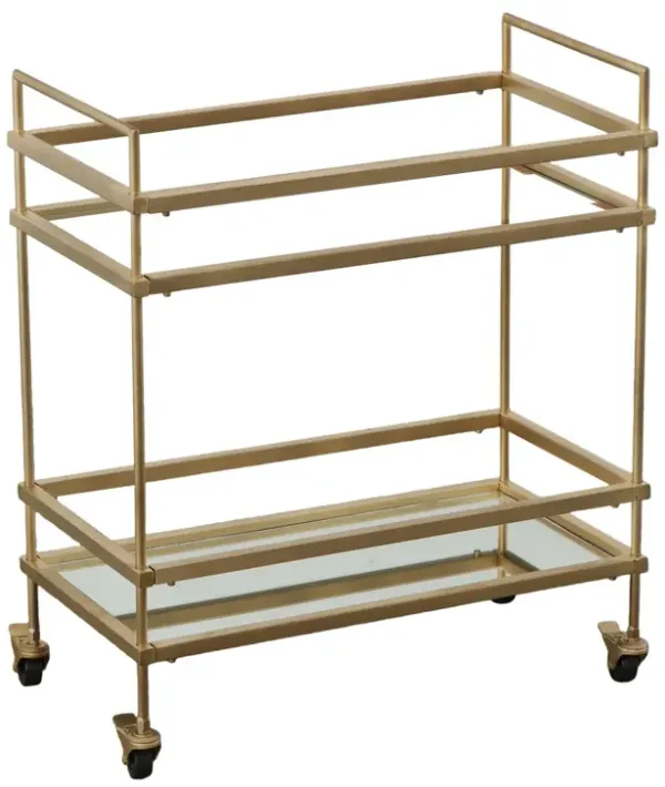 Modern Style Tubular Iron Bar Cart with 2 Mirrored Shelves, Gold