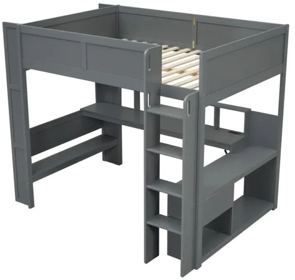Whisen Wood Full Size Gaming Loft Bed with Desk, Multi-storage Shelves, LED and Charging Station - Dark Gray