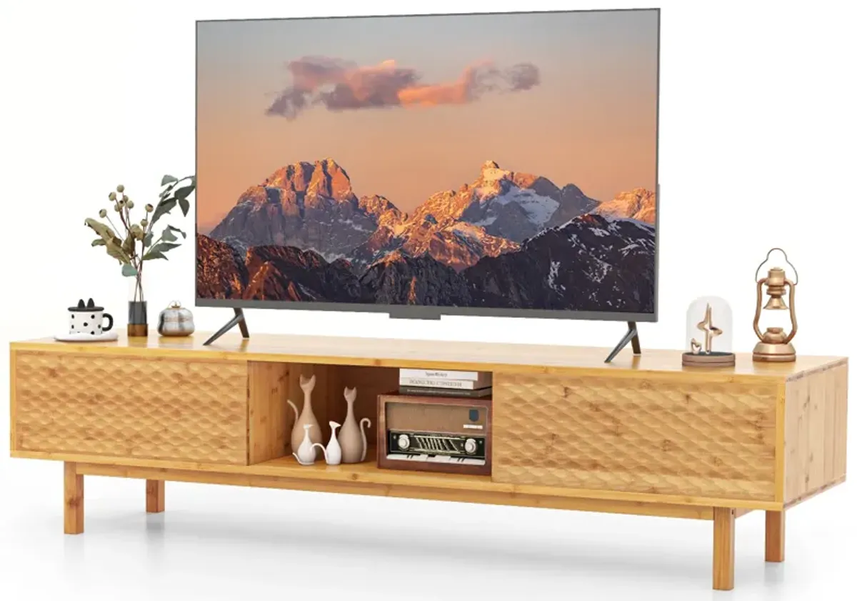 63 Inches Mid Century Modern Wicker TV Stand with Sliding Doors-Natural