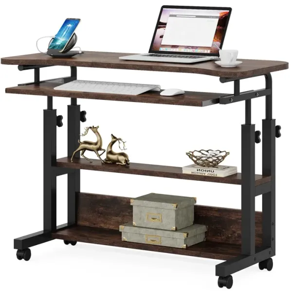 Portable Desk, Height Adjustable Side Table, Sofa Couch Bedside Cart, Mobile Small Standing Desk with Keyboard Tray, Unique Wooden Decor Furniture, Chic Decorations for Home