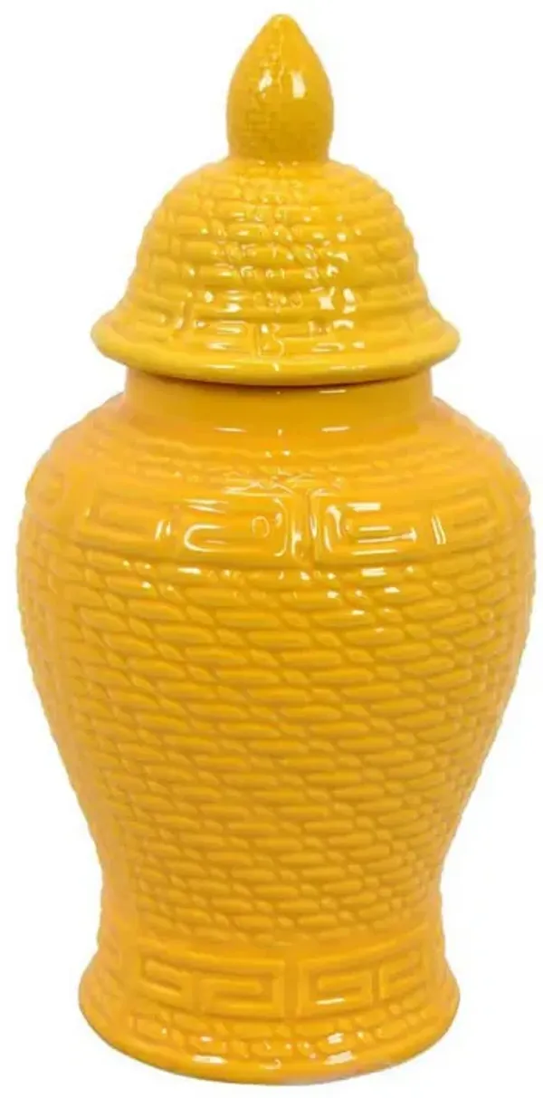 Bryan 13 Inch Ceramic Temple Jar, Geometric Print, Finial Top, Yellow - Benzara