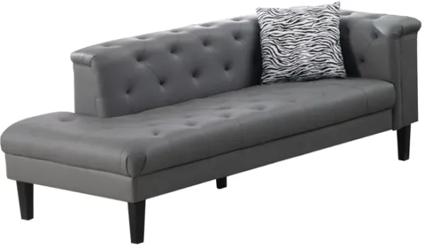 Ella 77 Inch Chaise with Pillow, Deep Button Tufted, Gray Vegan Leather-Benzara