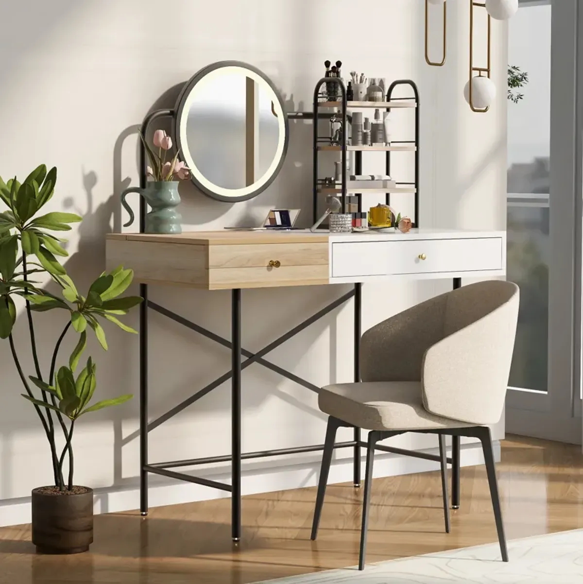 Gewnee 40" Makeup Vanity Desk with 3-Mode Lighted Mirror & Wireless Charging Station