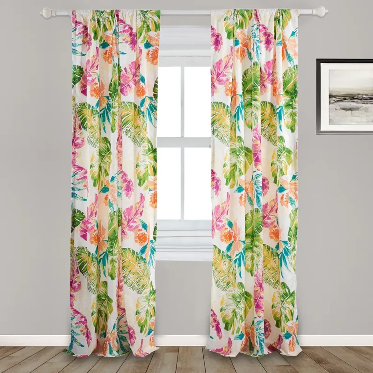 Porto 84 Inch Panel Window Curtains, Tropical Palm Leaves, Green and Blue - Benzara