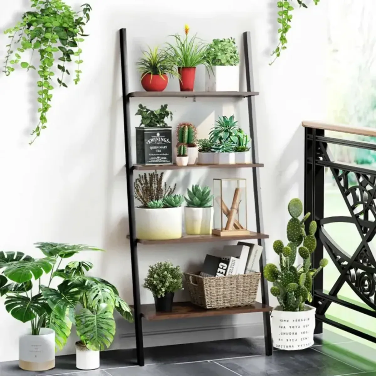 Hivvago Industrial 4-Tier Ladder Shelf with Metal Frame for Living Room Office