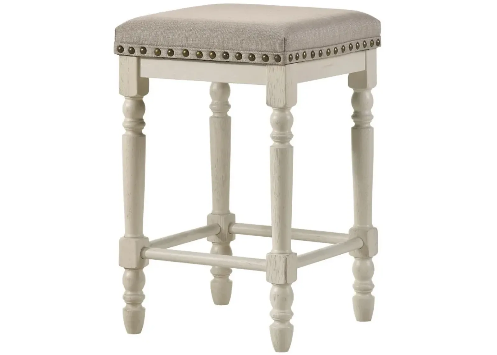 24 Inch Counter Height Stool, Luxe Nailhead Trim, Set of 2, Antique White-Benzara