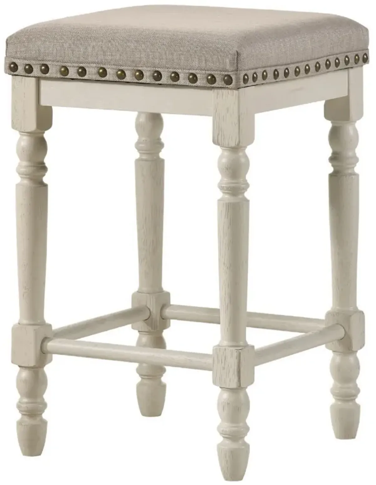 24 Inch Counter Height Stool, Luxe Nailhead Trim, Set of 2, Antique White-Benzara