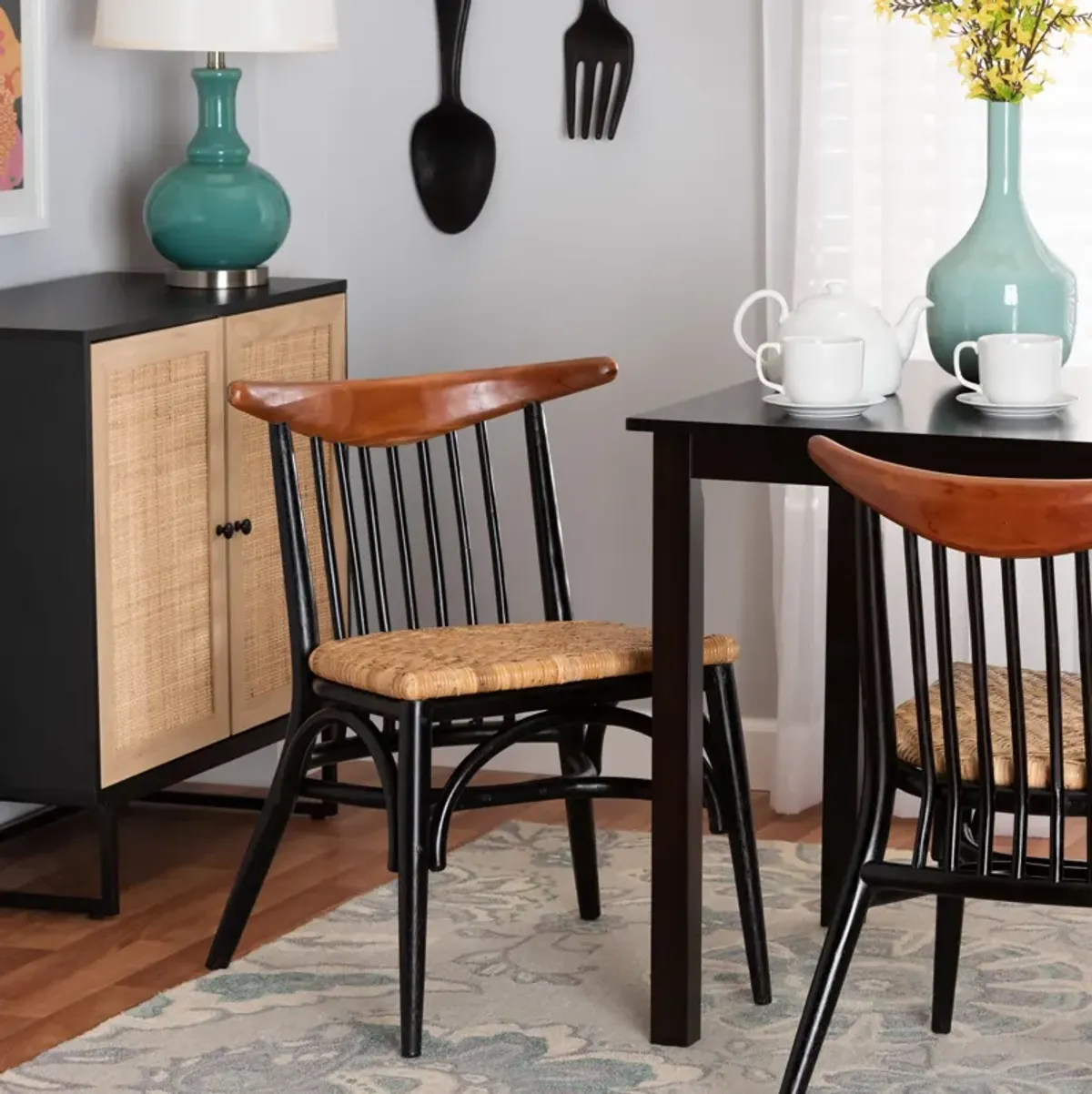 Bali & Pari Parthenia Two-Tone Black and Walnut Brown Finished Dining Chair