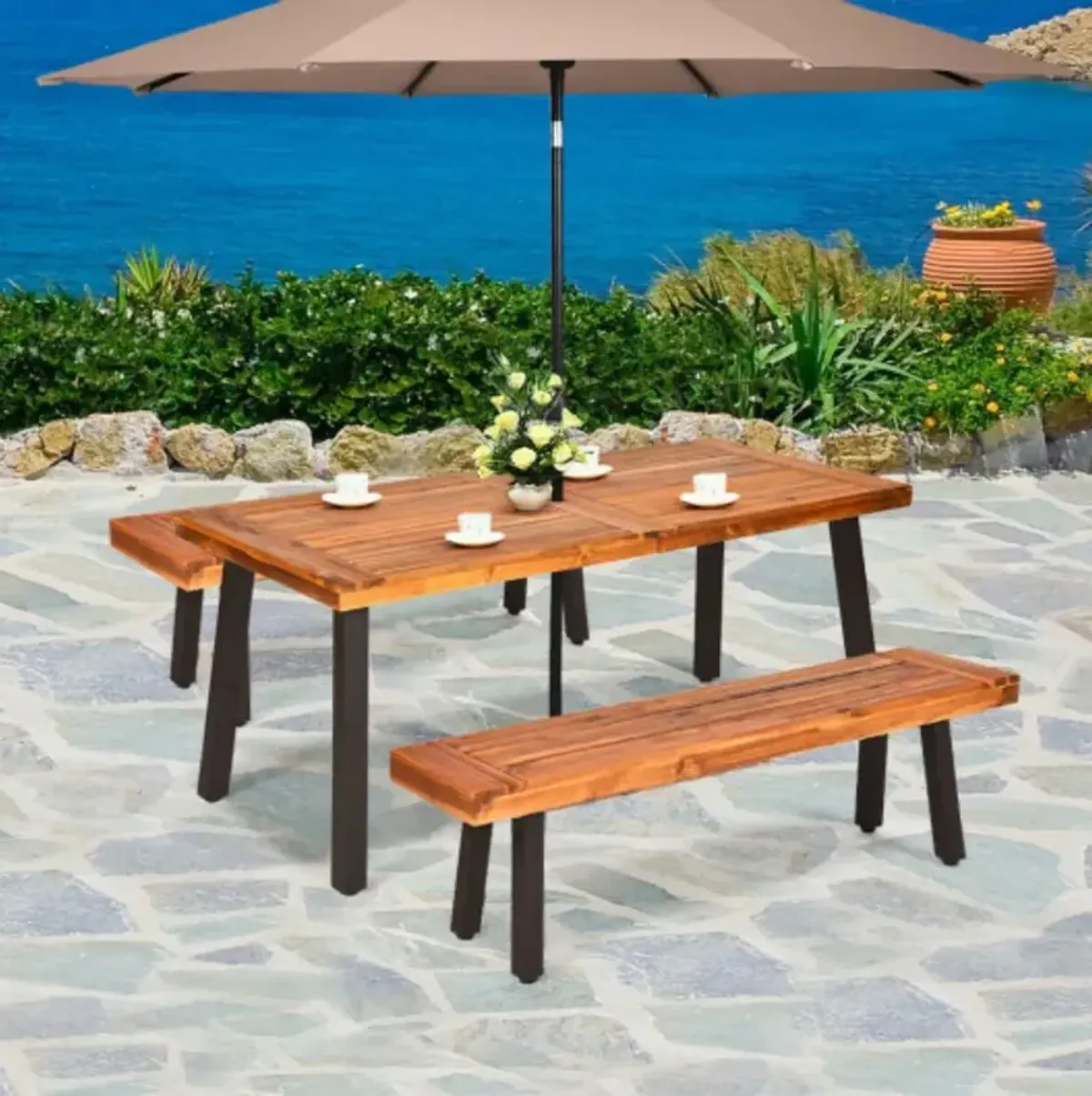 Acacia Wood Outdoor Dining Table Patio with Umbrella Hole