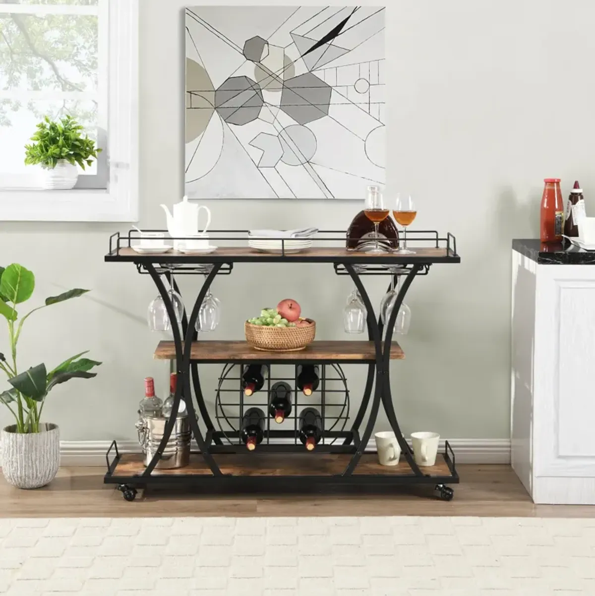 Industrial Bar Cart Kitchen Bar Serving Cart For Home With Wheels 3 - Tier Storage Shelves