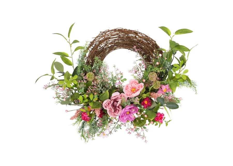 Peony Mixed Floral Half Spring Wreath - 28" - Pink