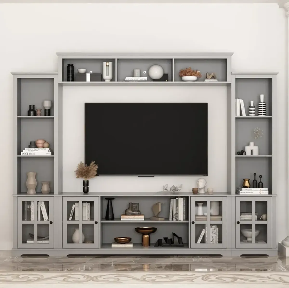 Black Wood TV Stand Fits TV's up to 75 in. with Top Open Shelves, Bookcase and Tempered Glass Door Cabinet