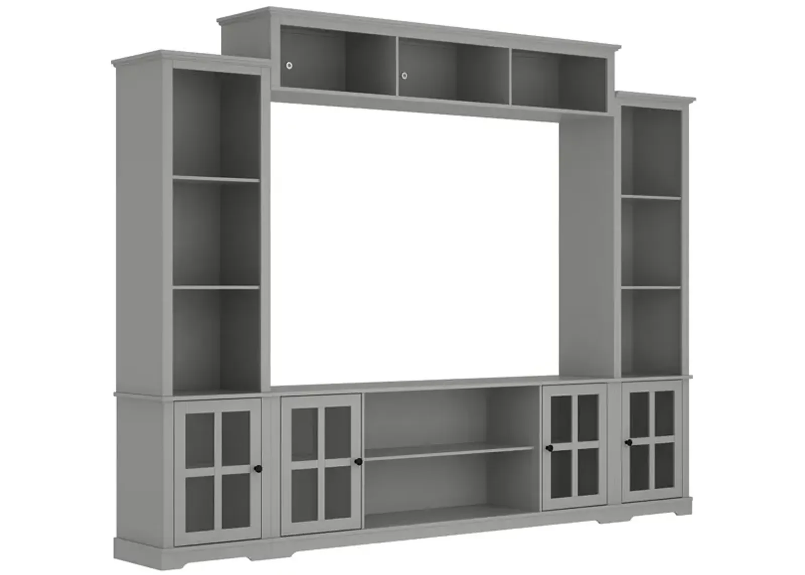 Black Wood TV Stand Fits TV's up to 75 in. with Top Open Shelves, Bookcase and Tempered Glass Door Cabinet