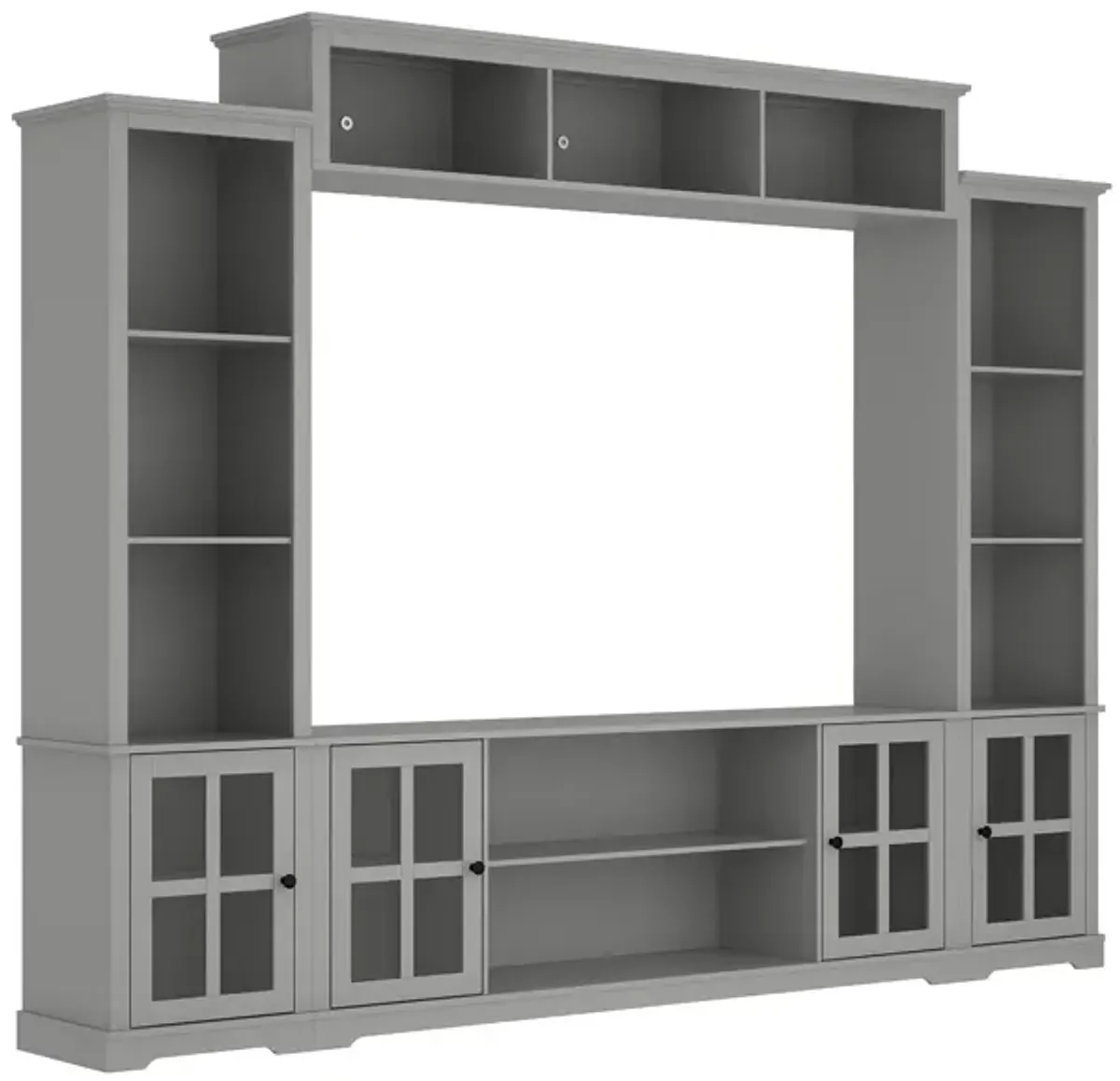 Black Wood TV Stand Fits TV's up to 75 in. with Top Open Shelves, Bookcase and Tempered Glass Door Cabinet