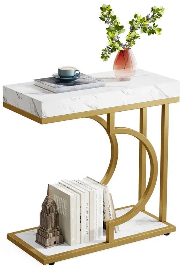 Tribesigns Narrow Side Table White Gold Side Table C Shaped End Table Modern Bedside Table Small Side Table for Couch, Sofa Table with Metal Frame for Living Room
