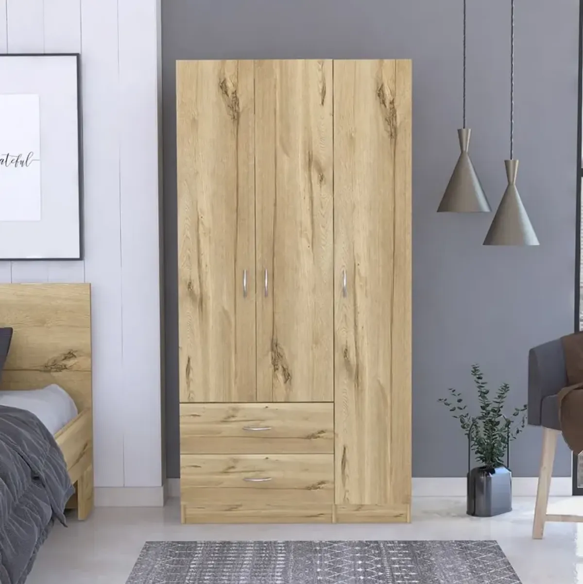DEPOT E-SHOP Bosko 3 Doors Armoire, Two Drawers, Metal Rod