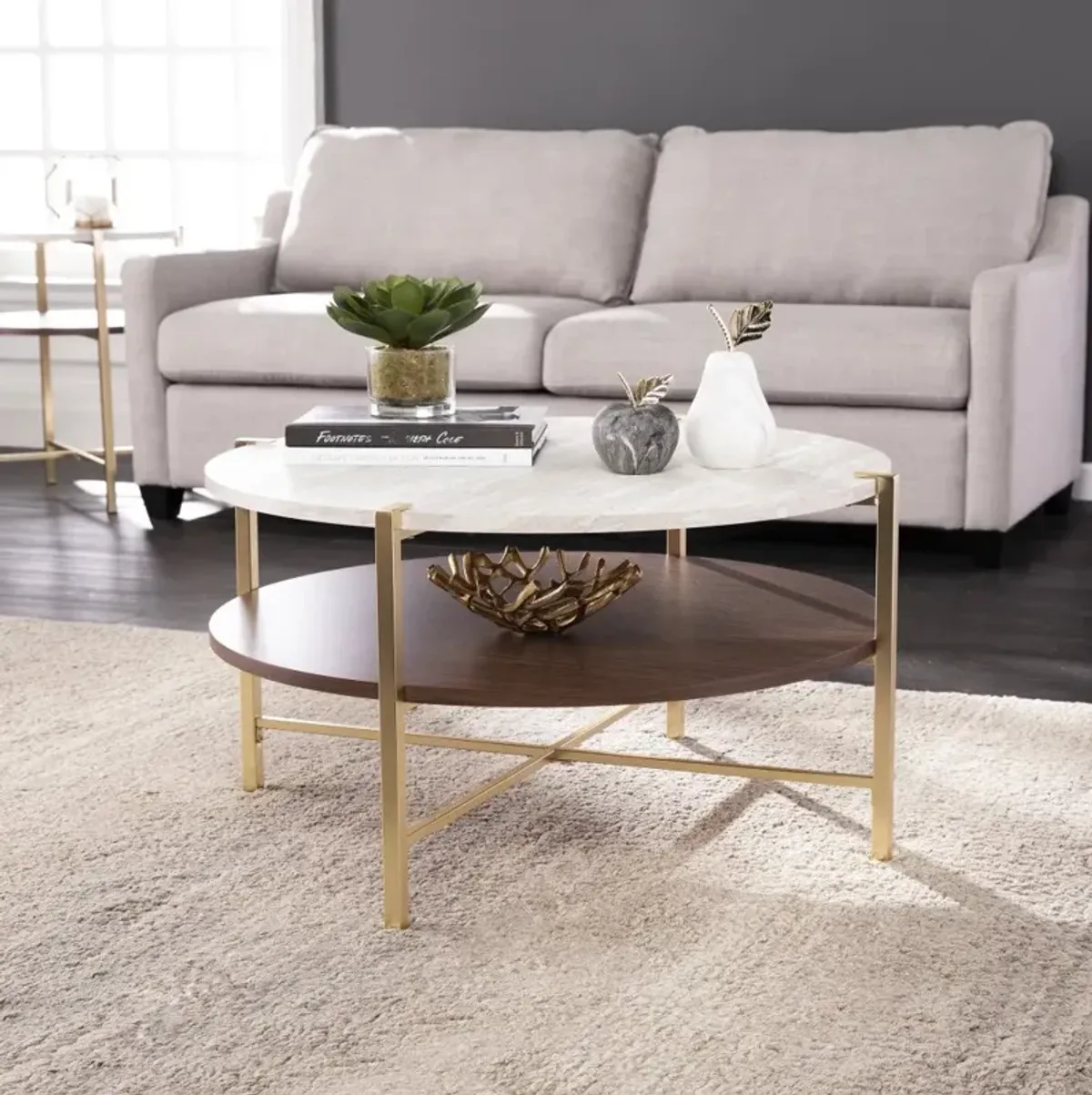 Hivvago 33" Brass Solid Manufactured Wood And Metal Round Coffee Table